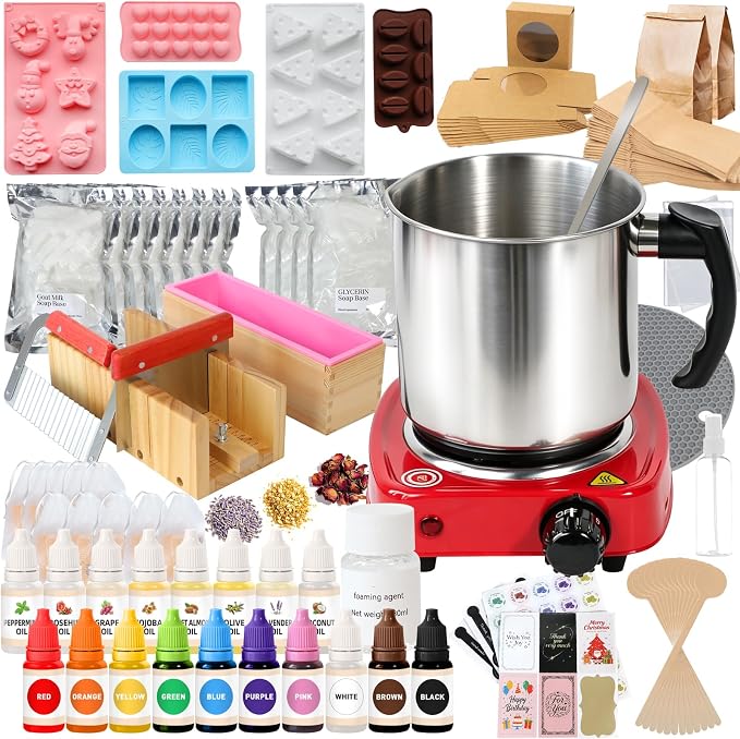 100+ Pcs Deluxe Soap Making Kit, 5.5lb Natural Soap Base with Soap Melting Pot, 8 Essential Oils, 10 Dyes, 5 Soap Molds, etc., All-in-One DIY Soap Making Supplies for Beginners
