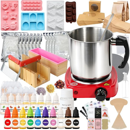 100+ Pcs Deluxe Soap Making Kit, 5.5lb Natural Soap Base with Soap Melting Pot, 8 Essential Oils, 10 Dyes, 5 Soap Molds, etc., All-in-One DIY Soap Making Supplies for Beginners