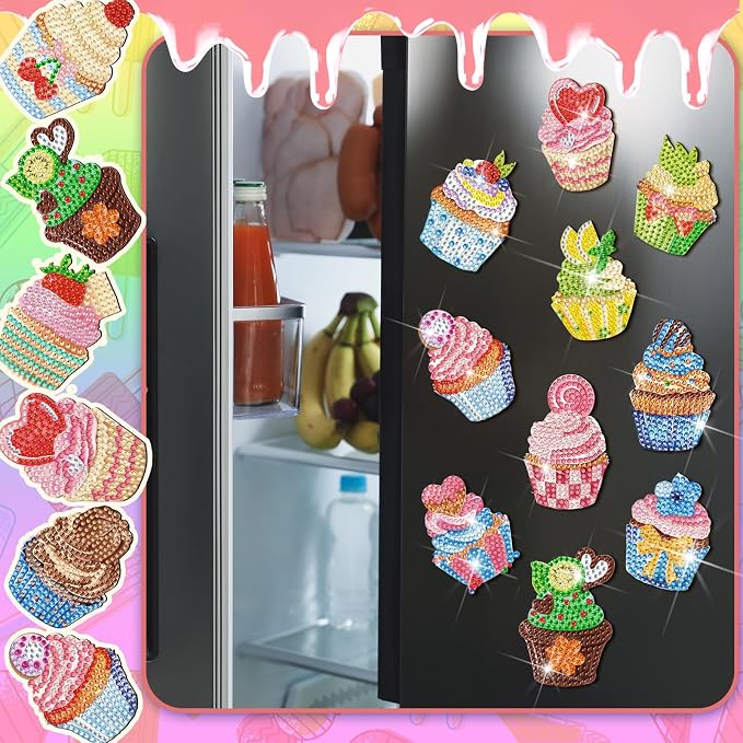 Remuuly 30 Pcs Cupcake Diamond Painting Magnet Diamond Art Kits for Adults | Cake Refrigerator Magnets, Cupcake 5D Rhinestone, Fridge Magnetic Sticker, Small Diamond Club Gifts, Beginner DIY Crafts