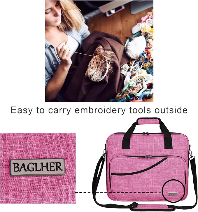 BAGLHER Cross Stitch & Embroidery Organizer Bag - Large Portable Project Storage with 3 Compartments, Travel Friendly Carrying Case for 11.2" Hoops, Threads, Supplies (Pink)