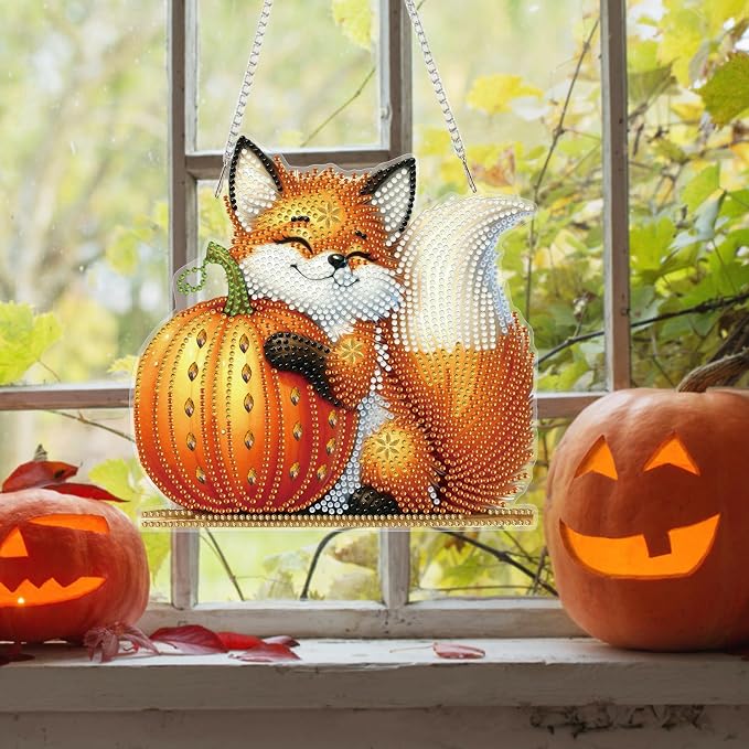 Bowetile Fall Squirrel Diamond Art Hanging Kits for Adults, Diamond Art Suncatchers Maple Leaf, 5D Special Shape Autumn Diamond Painting Pendant Window Ornament Gifts for Home Door Wall Decor