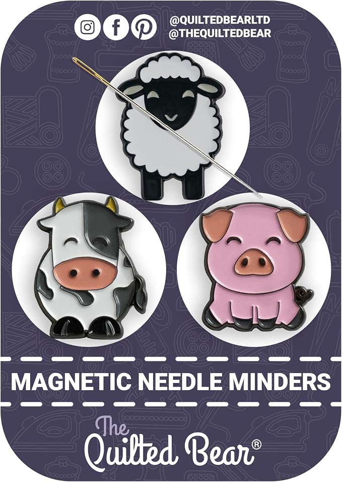 The Quilted Bear Magnetic Needle Minders, Set of 3 Farm Animals | Sheep, Cow & Pig Strong Magnet Needle Keepers for Embroidery & Cross Stitch Needles, Secure Holder for Sewing Needles & Pins