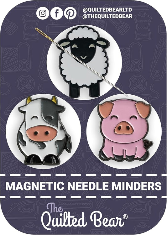 The Quilted Bear Magnetic Needle Minders, Set of 3 Farm Animals | Sheep, Cow & Pig Strong Magnet Needle Keepers for Embroidery & Cross Stitch Needles, Secure Holder for Sewing Needles & Pins