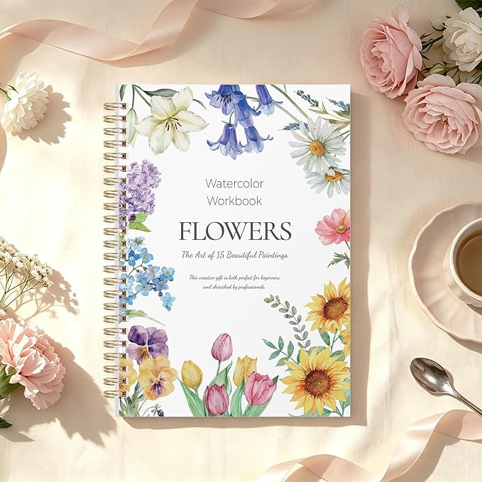 SKYDUE Watercolor Workbook for Beginners with 24 Paint Colors | 15 Floral & Botanical Painting, Step-by-Step Watercolor Book for Adults & Teen, Thick Watercolor Paper, Easy Relaxing Art Kit