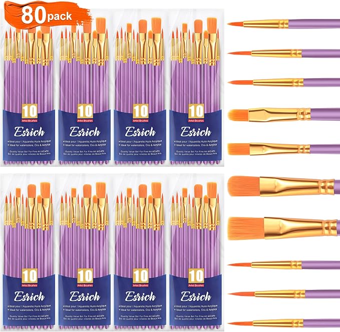 ESRICH 80PCS Paint Brushes, Paint Brush for Acrylic Painting | Artist Paintbrushes for Oil Watercolor, Body Face Rock Canvas, Small Paint Brushes for Kids, Purple