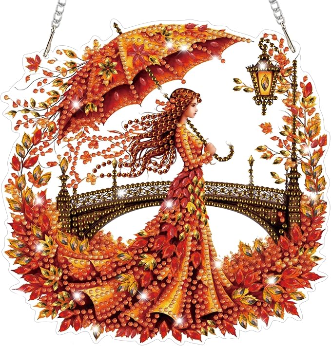 Bowetile Fall Diamond Art Hanging Kits for Adults, Autumn Diamond Art Suncatchers Lady, 5D Special Shape Maple Leaf Diamond Painting Pendant Window Ornament Gifts for Home Door Wall Decor