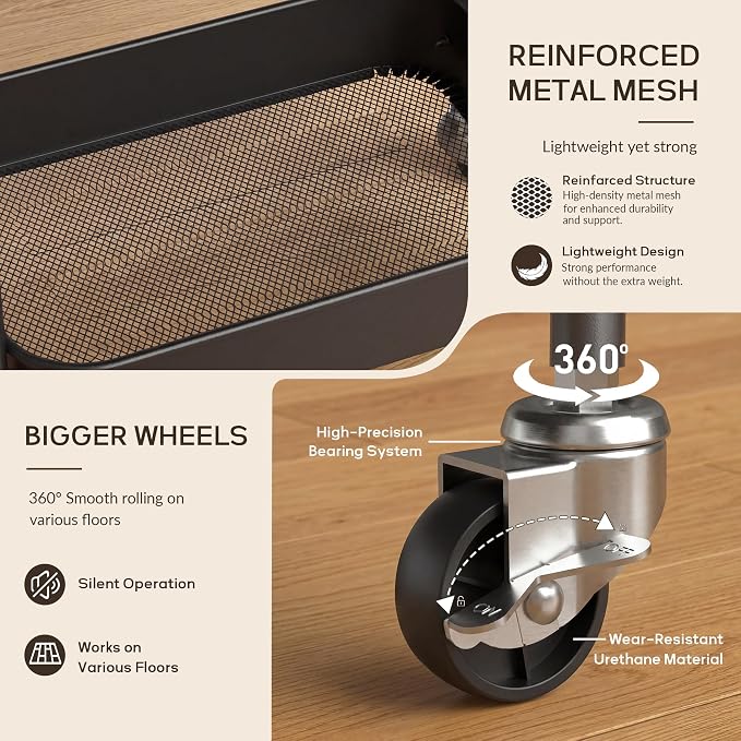 DTK 3 Tier Rolling Cart with Wheels, Heavy Duty Metal Utility Cart, Mobile Storage Organizer with Lockable Casters, Multi-Purpose Rolling Cart for Nursery, Bathroom, Kitchen, Office, Classroom