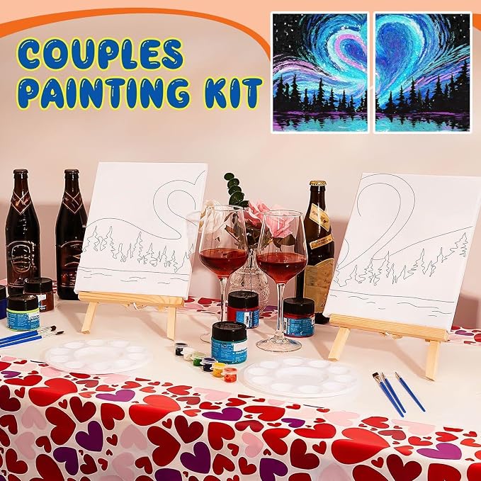 Yeaqee 13 Pcs Sip and Paint Kit for Adults Stretch Canvas Date Night Valentines Painting Kit Supplies Art Painting Set Outline Design Blank Stretch Canvas for Couple Party(Heart,10 x 8 Inch)