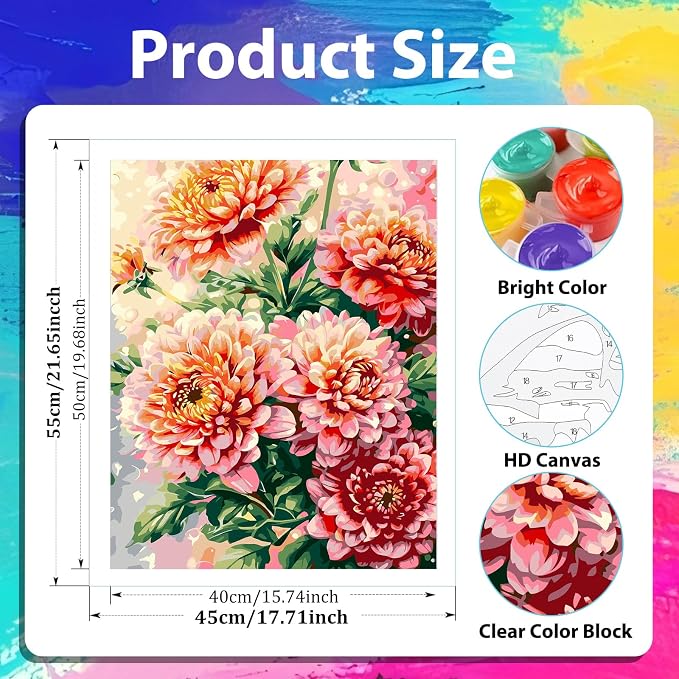 xcemhil Flowers Paint by Numbers Kit for Adults Beginner, Flowers Paint by Number for Adult, Acrylic Paint by Numbers Kits Suitable for Home Wall Art Decor Gifts 16x20 Inch