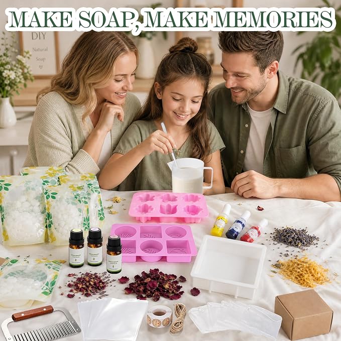 Soap Making Kit for Adults & Beginners Complete Soap Making Supplies | 3.3lb Glycerin Soap Base, 3 Dyes & Essential Oils, 3 Silicone Molds, Soap Cutter & Gift Packaging, Handmade Soap Crafts Kits