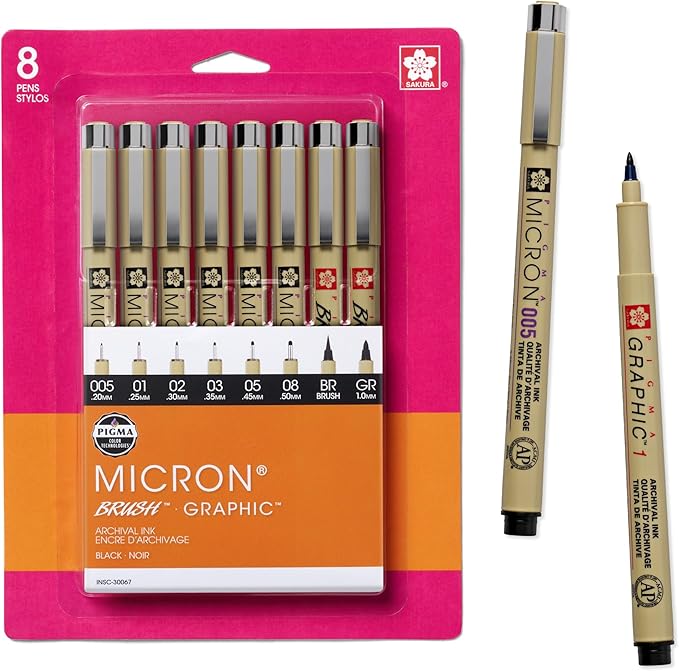 Sakura Pigma Micron, Graphic & Brush Fineline Pens, Archival Black Ink, 8 PK 30067 | Archival Black Ink Pens for Writing, Illustration & Journaling, Great for Artists, Crafters & DIY Gift Projects