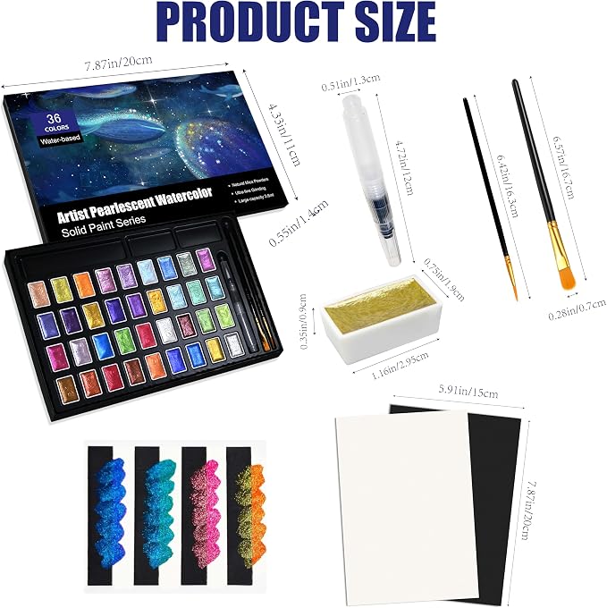 Shimmer Watercolor Paint Set, 36 Colors Glitter Metallic Watercolour Painting Sets, Solid Pearl Water Color Paints for Artists, Amateur Hobbyists and Painting (36 Colours)