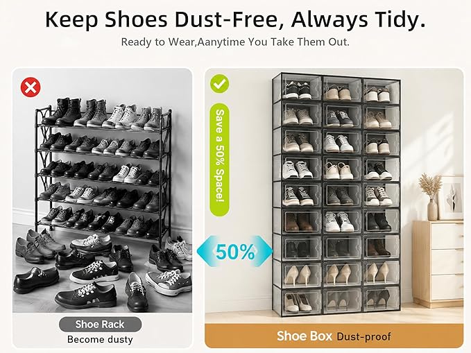 Kuject X-Large Shoe Storage Boxes 12 Pack, Clear Stackable Shoe Organizer