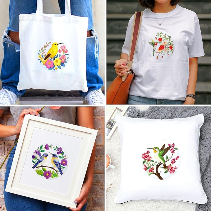 BEUNITONE 6 Set Hummingbird Starter Embroidery Kit with Pre-Stamped Pattern
