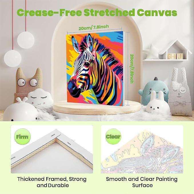 ajepon Zebra Paint by Numbers Kit for Kids with Frame - Zebra Paint by Number for Kids, Kid Painting by Number Kits Age 6-8 for Home Wall Decor 8X8inch (with Wooden Easel)