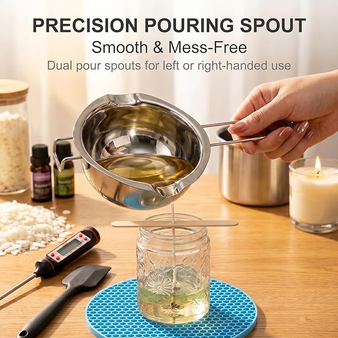 Double Boiler Pot for Melting Wax, Stainless Steel Candle Making Kit with Silicone Spatula, Thermometer & heat-resistant mat for Soap Chocolate DIY Crafts(1000ml+400ml)