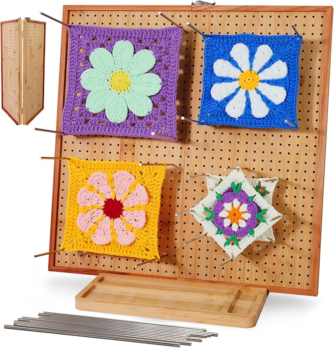 HHSarioneiro 15.6" Crochet Blocking Board with 16 Pins/Pegs, Blocking Boards for Crochet Projects, Wooden Crocheting Accessories Gifts for Crocheters