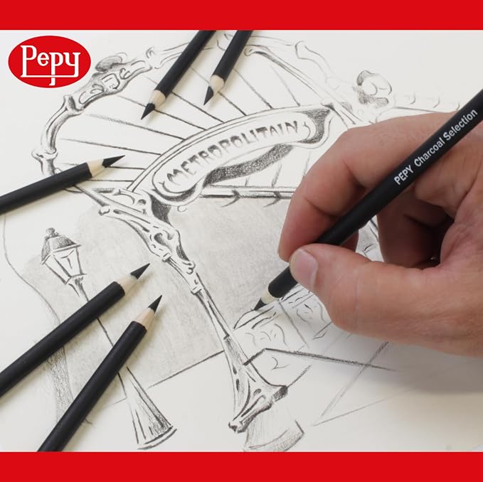 Pepy Professional Soft Charcoal Pencil Set – Set of 6 Pre-Sharpened Black Charcoal Pencils; Perfect for Drawing, Sketching, Blending and Shading