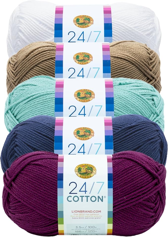 Lion Brand Yarn, 24/7 Cotton Mercerized Lightweight Yarn for Knitting, Crochet, and Crafts, Beatnik, 5 Pack, Multicolor Pack of Natural Fiber for Breathable Tops, Durable Bags, and Dish Cloths