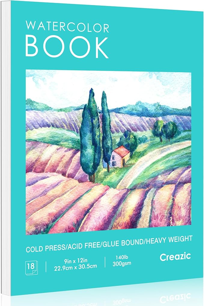 Creazic Watercolor Paper Pad, 9"x12" Water Color Paper (140lb/300gsm, 18 Sheets) - Artist Grade for Watercolor, Acrylic, Gouache & Drawing - Art Sketchbook, Watercolor Journal for Adults & Kids, Teal