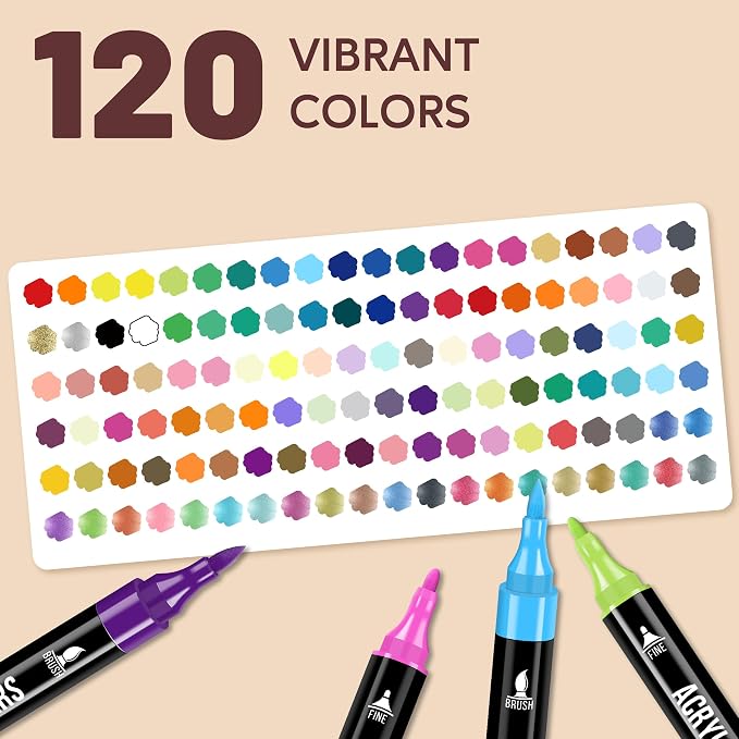 Pagather Acrylic Paint Markers, 120 Colors Dual Tip Fine & Brush Pens Set | For Rocks, Fabric, Wood, Glass & More, Perfect for DIY Crafts and Creative Art Projects with Bright, Smooth and Quick-Dry Ink