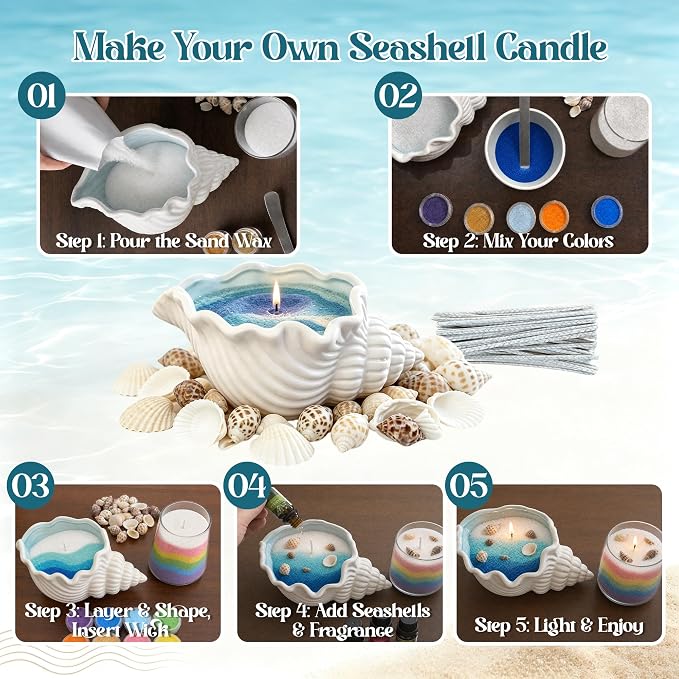 CXOZO Pearled Candle Sand Wax Making Kit, 37oz, Beach Themed DIY Gift Set | Ceramic Conch Shell Holder, 12 Colors, 4 Essential Oils, Star & Tree Molds, Real Seashells, 30 Wicks, No Melt, Gift for Women