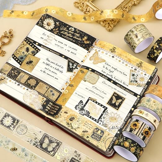 Bee Washi Tape Set 23 Rolls - 7 Sizes | Decorative Tape for Junk Journal Supplies, Scrapbook, Planner