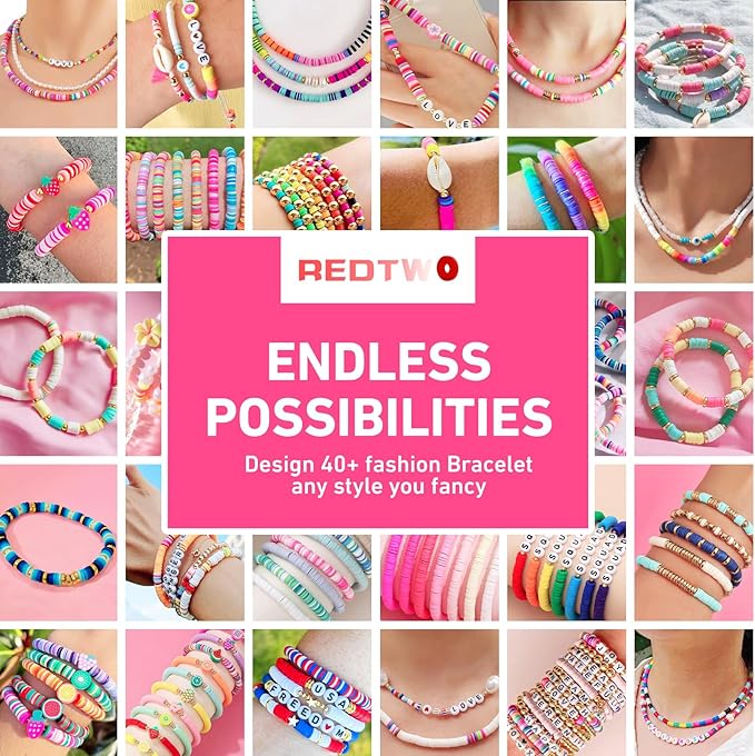 Redtwo 5100 Clay Beads Bracelet Making Kit, Flat Preppy Beads for Friendship Jewelry Making,Polymer Heishi Beads with Charms Gifts for Teen Girls Crafts for Girls Ages 8-12 | Flat Preppy Polymer Beads with Charms Gifts for Teen Girls Crafts for Girls A...
