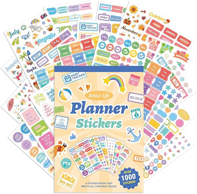 1000+ Holiday Seasonal Daily Monthly Planner Stickers for Women Men - Scrapbooking Supplies 24 Pages Sticker Book for Calendar Vision Board, Removable & Repositionable Junk Journal Supplies for Adults