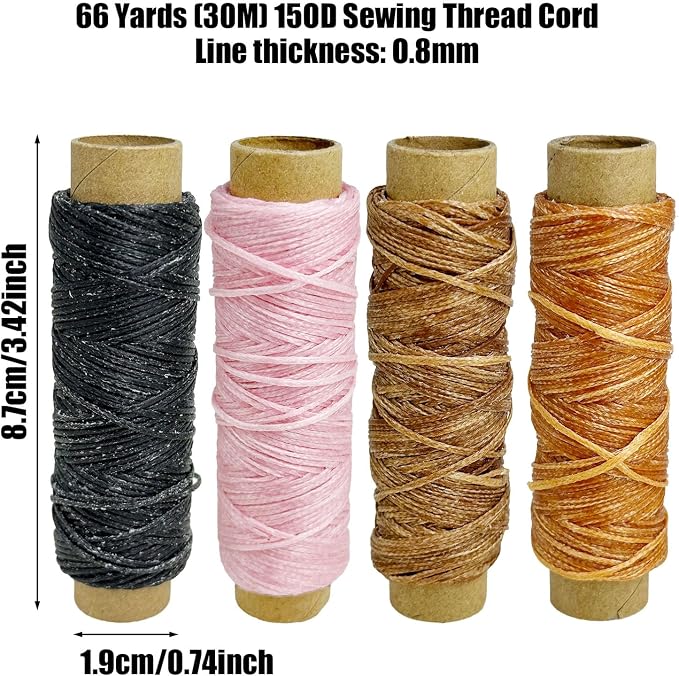 4 PCS Leather Sewing Waxed Thread, Each of 33 Yards 150D Sewing Thread Cord for Leather Craft DIY Supplies, Shoes Repairing, Black, Dark Khaki, Light Brown, Pink