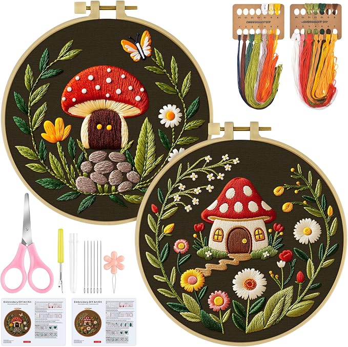 ERKOON Embroidery Kit for Beginners, 2 Set Flower Cross Stitch Set Include Embroidery Cloth Hoops Threads for Craft Lover Hand Stitch with Embroidery Skill Techniques (Mushroom)