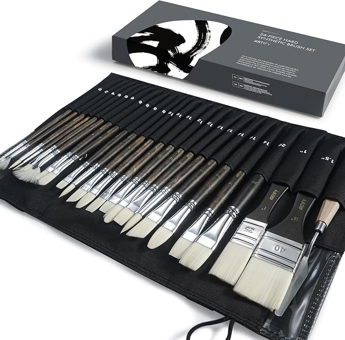 ARTIFY 24 Pieces Synthetic Hog Bristle Paint Brush Set – Expert Series Nylon Brushes for Acrylic, Oil Painting– No Shedding, Canvas Roll Case & Palette Knife, Artist Gifts Art Supplies