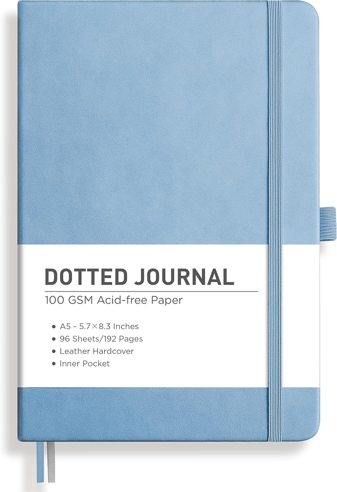 RETTACY Dotted Journal Notebook, 192 Pages, A5 Medium Size (5.7'' x 8.3'') | Leather Hardcover, 100 GSM Thick Paper, for Journaling, Planning, Tracking (Light Blue)