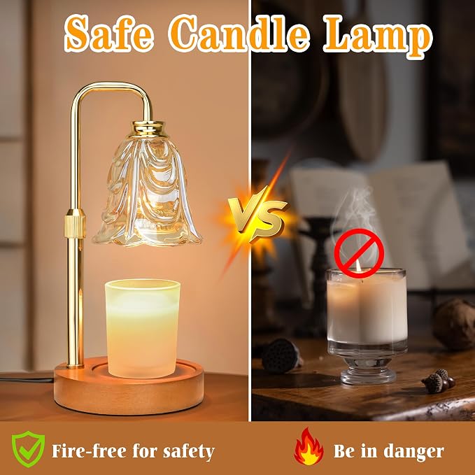 XJZJY Amber Glass Flower Candle Warmer Lamp with Timer, Vintage Home Decor | Dimmable wax melt warmer with 2 bulbs for jar candles, height adjustable, Amber tulip design, home decor, housewarming gifts
