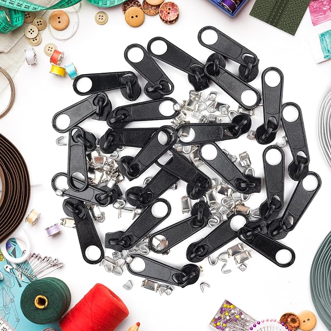 DOITEM 25Pcs Black Zipper Repair Kit Zippers Replacement 3# Zipper Pull Rescue Kit for Clothing Jackets Purses Luggage Backpacks