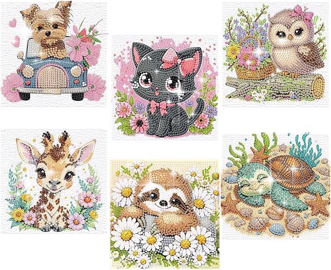 ajepon 6 Pack Animal Diamond Art Kits for Kids, Cute Animals Diamond Art for Kids Ages 8-12, Cat Dog Turtle Sloth Giraffe Owl Diamond Painting Kits for Kid for Gift Home Wall Decor (6x6inch)