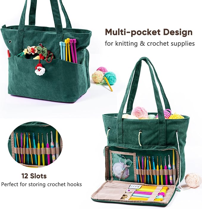 MYBAGZING Large Yarn Tote Organizer – Corduroy Knitting Storage Holder for Yarn, Hooks & Accessories, Portable Craft Carryall for Crocheting Lovers, Mother’s Day Gift