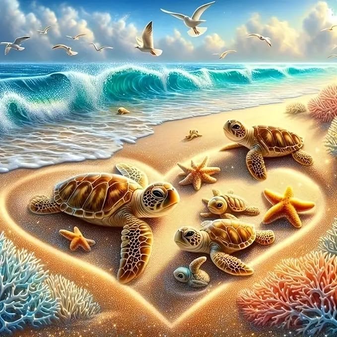 Beach Diamond Painting Kits for Adults Beginners Turtles Gem Painting | 5D Diamond Art Painting for Adults, Gem Art Kits for Adults, Paint by Diamonds DIY Wall Decor Gift13.78X13.78Inch