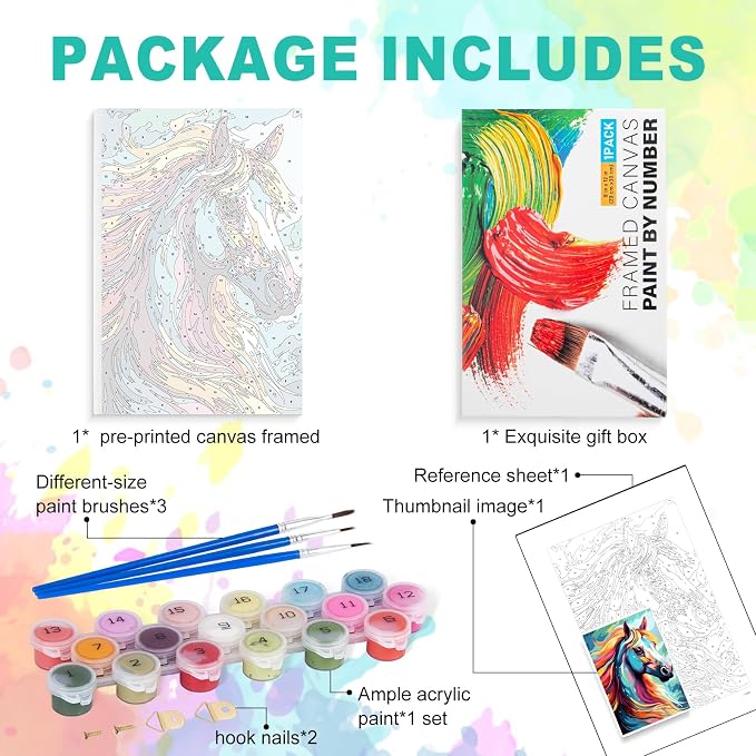 GEEHEIY Framed Paint by Numbers Kit for Adults, Colorful Horse, 8 x 12 Inch | DIY Adult Paint by Number Kit for Beginners, Horse Wall Decor, Stress Relief Craft Gift, Creative Hobby