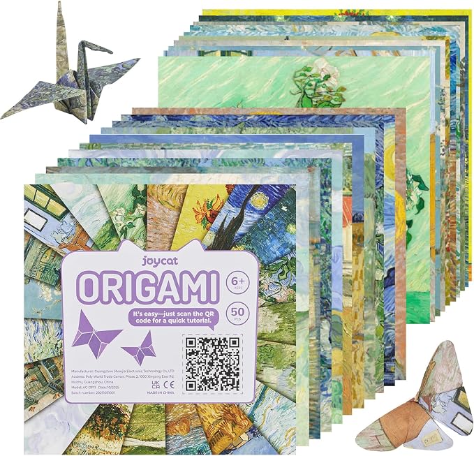 JoyCat Van Gogh Patterned Origami Paper, 50 Double-Sided Sheets, 6x6 Inch | Starry Night and sunflower-inspired designs bring bold Post-Impressionist color to origami, cards and creative paper crafts.