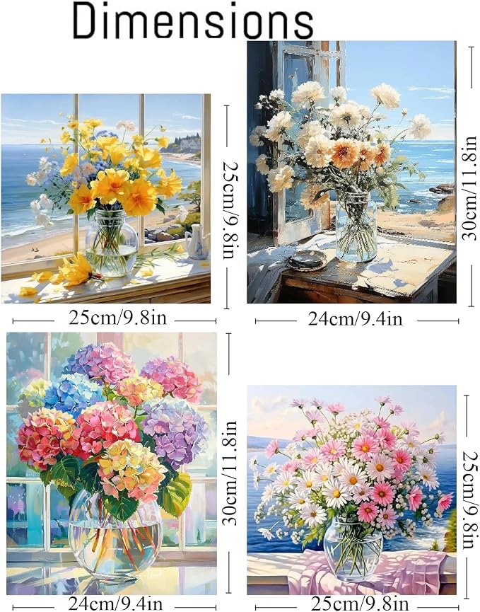 4 pack Flower Paint by Numbers Kit for Adults Beginner With Framed,Flowers Easy Adult Paint by Number Kits on Canvas DIY Painting for Beginners Art by Numbers for Home Wall Decor 10x12-10x10 Inch