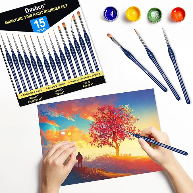 15pcs Detail Paint Brushes Set for Acrylic Watercolor & Paint by Numbers | Wooden Handle, Anti-fatigue Triangular Grip, Multiple Brush Sizes, Miniatures, Models, Nail art, Rock and Face painting