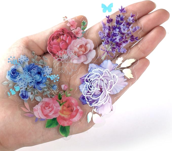 100 Pcs Holographic Nature Flower Stickers, Clear PET Transparent Foil Decorative Adhesive for Scrapbooking, Journaling, Card Making — Waterproof Craft Stickers