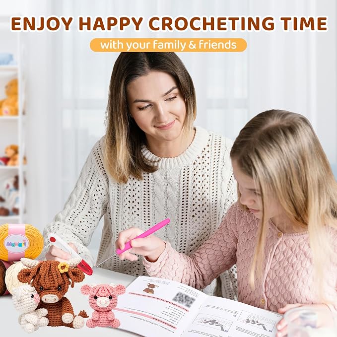 Mewaii Crochet Kit for Beginners, 3 Pack Highland Cows Craft Set | 40% Extra Yarn, Video Tutorial, Pre-Started Piece, Beginner Friendly, Family Craft Gift for Adults & Kids