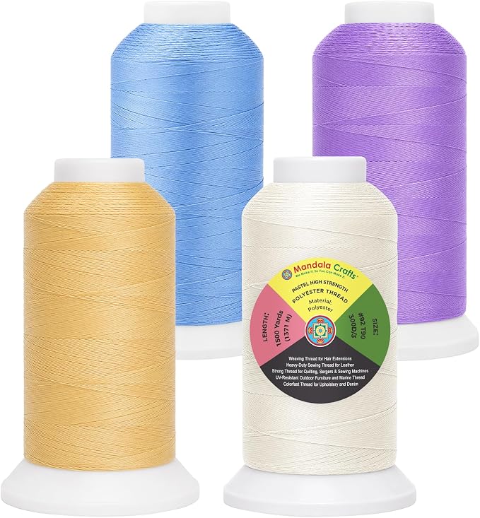 Mandala Crafts Pastel Tex 90 Polyester Heavy Duty Thread for Upholstery | 1500x4 Yds T90 UV Resistant Strong Thread for Leather Sewing, Marine, Drapery, Jeans, Hair Weaving & Extension, Outdoor