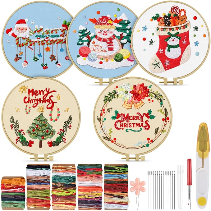 TINDTOP Christmas Embroidery Kit for Adult, 5 Pack Embroidery DIY Starter Kit, with Stamped Patterns, Hoop, Tools, Colorful Threads with Needles, Instructions | 5 Pack with Stamped Patterns, Hoop, Tools, Colorful Threads with Needles, Instructions