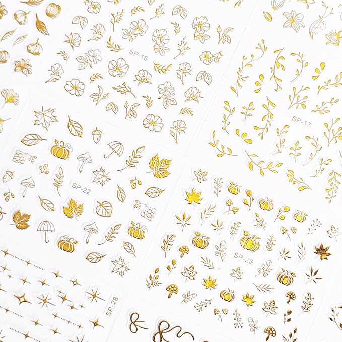 30 Sheets Fall Nail Art Stickers Gold Maple Leaf Nail Decals 3D Self-Adhesive Nails Supplies for Women Manicure Decorations