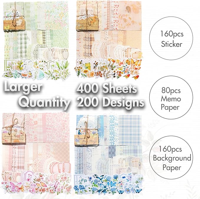 Vintage Floral Scrapbook Paper & Journaling Stickers, 400pcs | 4 Pack Assorted Set, Junk Journal Scrapbook Supplies for Bullet Journaling, Retro Crafts, Planner, Collage Card Album