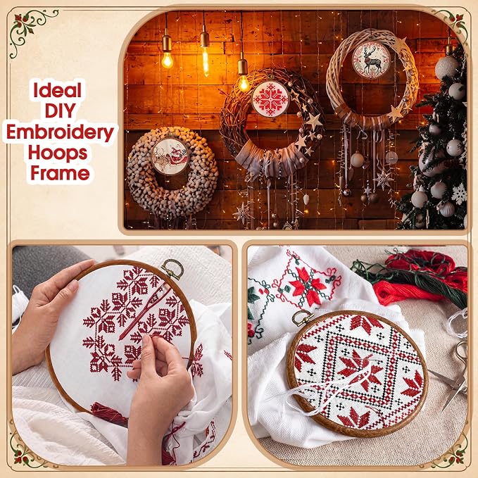Burbell 5.1 Inch 12 Pcs Fall Round Embroidery Hoops Frame | Small Display Frame Ornaments, Imitated Wood with Metal Hooks, DIY Crafts Sewing Hanging Gifts, Christmas Decor Supplies