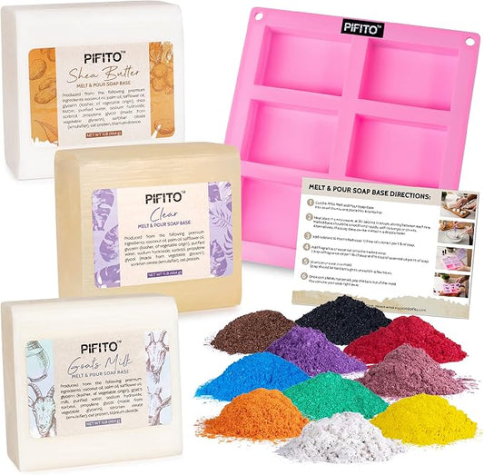 Pifito Soap Making Kit │ DIY Soap Making Supplies - 3 lbs Melt and Pour Soap Base (Goats Milk, Shea Butter, Clear), 10-Pack Mica Original Colorants Sampler, Mold and Instructions